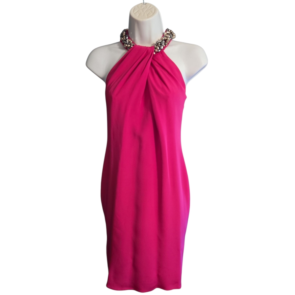 Carmen Marc Valvo - Hot Pink Knee Length Silk Halter Dress - Size 4
